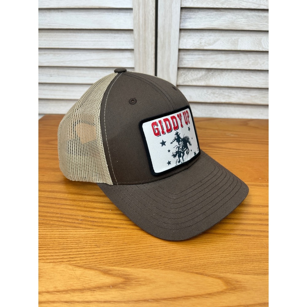 Trucker Hat OS Brown Womens Giddy Up Cowboy Western Mesh Snapback
